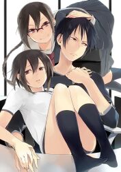  1boy 2girls 723_(tobi) annoyed bad_id bad_pixiv_id braid brother_and_sister brown_eyes brown_hair buruma chair desk durarara!! feet_on_table girl_sandwich glasses gym_uniform hand_on_head holding_hands hug hug_from_behind long_hair multiple_girls no_shoes office_chair orihara_izaya orihara_kururi orihara_mairu sandwiched school_uniform serafuku shirt short_hair siblings single_braid sisters sitting sitting_on_lap sitting_on_person skirt smile swivel_chair t-shirt thighs 