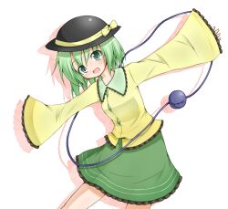  bow commentary_request eyeball female garasuita green_eyes green_hair hat komeiji_koishi open_mouth short_hair simple_background skirt smile solo third_eye touhou 