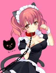  :o animal_ears apron black_dress bondage bondage bound breasts brown_eyes cat_ears cat_tail chain_leash chains cleavage collar commentary_request dress fake_animal_ears female inu_x_boku_ss large_breasts leash maid maid_headdress open_mouth orange_eyes paw_pose pink_background pink_hair piyodera_mucha puffy_sleeves roromiya_karuta short_hair short_twintails simple_background slave solo tail twintails viewer_holding_leash waist_apron wrist_cuffs 