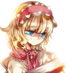  alice_margatroid asamiyajy blonde_hair blue_eyes book capelet commentary female frills headband lowres photoshop_(medium) sad short_hair solo tears touhou 