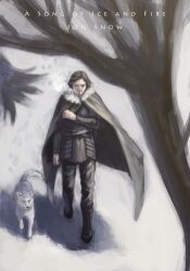  1boy a_song_of_ice_and_fire bad_id bad_pixiv_id bare_tree black_hair breath cape ghost_(a_song_of_ice_and_fire) jon_snow male_focus photoshop_(medium) pukun snow tree wolf 