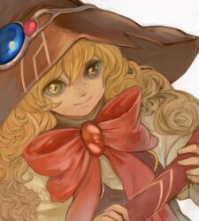  3838383 beryl_benito blonde_hair bow bowtie closed_mouth curly_hair female freckles hat holding long_hair looking_at_viewer pink_bow smile solo tales_of_(series) tales_of_hearts upper_body witch_hat yellow_eyes 