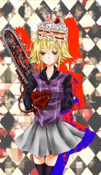  argyle_background arm_behind_back bad_id bad_pixiv_id black_socks black_sweater black_thighhighs blonde_hair blood blood_splatter box cake cake_on_head cake_slice chainsaw checkered chocolate closed_mouth collarbone cream expressionless feet_out_of_frame female flipped_hair food food_on_head fruit gift grey_skirt hair_between_eyes hand_up heart heart-shaped_box heart_necklace highres holding holding_chainsaw holding_weapon incoming_gift jewelry light_particles long_sleeves medium_hair medium_skirt multicolored_eyes necklace object_on_head pleated_skirt purple_sweater red_eyes ribbon shiina_choko sidelocks silhouette skirt socks solo strawberry sweater sweater_tucked_in thighhighs urotsuki valentine weapon yume_2kki zettai_ryouiki 