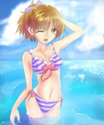  bikini brown_eyes brown_hair commentary_request day female hirasawa_ui k-on! one_eye_closed ponytail short_hair solo sonyntendo striped_bikini striped_clothes swimsuit wading water 