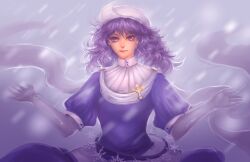  adapted_costume brooch commentary_request curly_hair dress elbow_gloves expressionless female gloves hat high_collar jewelry juliet_sleeves letty_whiterock light_purple_hair light_smile long_sleeves looking_at_viewer puffy_sleeves purple_dress purple_eyes purple_hair purple_theme realistic shawl sheryth short_hair snowflakes snowing solo touhou 