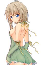  ass asymmetrical_hair back backless_dress backless_outfit bad_id bad_tinami_id bare_back bare_shoulders blue_eyes blush breasts closed_mouth detached_sleeves dress female from_side green_dress halterneck light_brown_hair lips looking_at_viewer looking_back medium_breasts medium_hair microdress no_panties orange_ribbon original painttool_sai_(medium) ribbon ribucci see-through shiny_skin sideboob simple_background sleeves_past_wrists smile solo white_background 