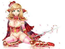  arched_crown bad_id bad_pixiv_id blonde_hair boots breasts cape cleavage crown earrings elbow_gloves female flower full_body gem gloves green_eyes groin hair_ornament jewelry large_breasts lips matsurika_youko navel necklace original pearl_(gemstone) petals pink_thighhighs queen red_crown rose smile solo supportasse sword thighhighs weapon white_background 