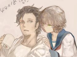  1boy 3838383 alternate_costume alternate_hairstyle amane_suzuha brown_eyes brown_hair cup facial_hair female green_eyes hair_rings holding lab_coat long_hair mug okabe_rintarou school_uniform serafuku shirt short_hair steins;gate stubble sweat t-shirt 