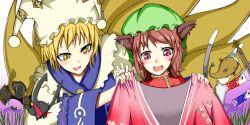  2girls animal_ears blonde_hair blush brown_eyes brown_hair cat_ears cat_tail chen commentary_request earrings embarrassed fish flag floral_print flower fox_tail ginko_(nico) hat helmet jewelry multiple_girls multiple_tails namazu oerba_yun_fang open_mouth short_hair tail touhou yakumo_ran yellow_eyes 