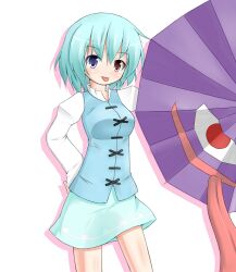  :p blue_eyes blue_hair commentary_request female garasuita heterochromia karakasa_obake purple_umbrella red_eyes short_hair simple_background skirt solo tatara_kogasa tongue tongue_out touhou umbrella 