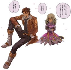  1boy alvin_(tales) ascot bad_id bad_pixiv_id black_gloves blonde_hair boots brown_hair coat creature dress elize_lutus female full_body gloves hand_in_pocket knee_boots kneeling pants photoshop_(medium) purple_dress ritsuko_(rittii) short_hair sweat tales_of_(series) tales_of_xillia teepo_(tales) translation_request white_background yellow_eyes 