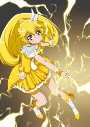  3: bike_shorts bike_shorts_under_skirt blonde_hair boots bow choker commentary_request cure_peace double_v electricity eyelashes female frown full_body grey_background hair_flaps hair_ornament hairpin highres iyakun long_hair magical_girl precure shorts skirt smile_precure solo v wide_ponytail wrist_cuffs yayoi_kise yellow_bow yellow_choker yellow_eyes yellow_shorts yellow_skirt yellow_theme 