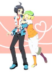  1boy ahoge beret bianca_(pokemon) black_hair blonde_hair blue_eyes blush cheren_(pokemon) closed_eyes commentary_request couple female glasses hat heart hug jacket laughing orange_pantyhose pantyhose photoshop_(medium) pokemon pokemon_bw short_hair skirt soranagi straight 