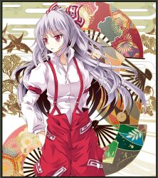  bad_id bad_pixiv_id bird border bow buttons collar egasumi female flower folding_fan fujiwara_no_mokou grey_hair hairbow hand_fan highres long_hair long_sleeves looking_away open_mouth pants patterned photoshop_(medium) red_eyes shirt solo standing suspenders tamago_gohan touhou 