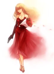  bare_shoulders blonde_hair bouquet breasts cleavage commentary cross dress earrings elbow_gloves elysion female flower gloves gun handgun jewelry lipstick long_dress long_hair looking_down makeup medium_breasts nanamura necklace petals photoshop_(medium) red_dress revolver rose simple_background sleeveless sleeveless_dress solo sound_horizon stella_(sound_horizon) weapon white_background wind 