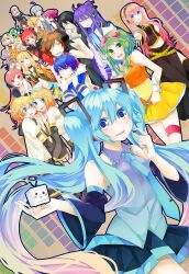  5boys 6+girls absurdres ahoge akita_neru anger_vein aqua_eyes aqua_hair black_hair blonde_hair blue_eyes blue_hair brown_hair commentary_request crossover detached_sleeves everyone glasses goggles goggles_on_head green_eyes green_hair gumi hair_ornament hair_ribbon hairclip hatsune_miku headphones highres hiyama_kiyoteru ia_(vocaloid) kaai_yuki kagamine_len kagamine_rin kaito_(vocaloid) kamui_gakupo kasane_teto lily_(vocaloid) long_hair looking_at_viewer megurine_luka meiko_(vocaloid) microphone multiple_boys multiple_girls necktie nekomura_iroha niconico open_mouth pineapple_(a30930s) pink_hair red_eyes ribbon ryuuto_(vocaloid) seeu sf-a2_miki short_hair skirt smile thigh_strap twintails utau very_long_hair vocaloid white_hair yowane_haku 