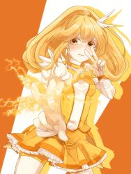  bad_id bad_pixiv_id blonde_hair blush bow choker commentary_request cure_peace double_v electricity female hair_flaps highres memai photoshop_(medium) precure shorts shorts_under_skirt skirt smile_precure solo v wide_ponytail yayoi_kise yellow_bow yellow_choker yellow_shorts yellow_skirt yellow_theme 