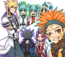  2girls 3boys bad_id bad_pixiv_id belt blonde_hair brown_eyes card choker corset crab crossed_arms crow_hogan earrings fudo_yusei green_hair grey_eyes grin headband izayoi_aki jack_atlas jewelry kurosawa_tomo long_hair lua_(yu-gi-oh!) luca_(yu-gi-oh!) multiple_boys multiple_girls necklace neo-spacian_aqua_dolphin orange_hair personification photoshop_(medium) ponytail purple_eyes red_hair smile tattoo v waving yellow_eyes yu-gi-oh! yu-gi-oh!_5d&#039;s 