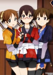  3girls bike_shorts black_thighhighs brown_eyes brown_hair commentary_request glasses grin hair_ribbon hand_on_another&#039;s_shoulder hirasawa_ui japanese_clothes k-on! k-on!_movie manabe_nodoka multiple_girls ninja obi open_mouth photoshop_(medium) ponytail ribbon round_teeth sash semi-rimless_eyewear short_hair short_twintails single_thighhigh smile suzuki_jun sword teeth thighhighs twintails under-rim_eyewear v weapon yamasaki_wataru 