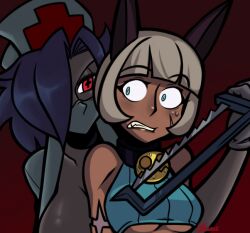  +_+ 2girls animal_ears audrey_kare bare_shoulders belt blue_eyes blue_hair breasts cat_ears cleavage commentary_request crop_top cross dark-skinned_female dark_skin eyepatch gloves hacksaw hat large_breasts mask midriff ms._fortune_(skullgirls) multiple_girls ninja nurse nurse_cap oerba_yun_fang open_clothes open_shirt ponytail red_eyes saw scar shirt short_hair skullgirls sweatdrop symbol-shaped_pupils teeth underboob valentine_(skullgirls) weapon 