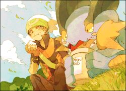  1boy :i alternate_costume backpack bag beanie black_border black_hair blush_stickers border brendan_(pokemon) brown_eyes cloud day dutch_angle eating fingerless_gloves food food_on_face gloves grass hat holding holding_food knees_up looking_at_another lowres on_ground open_mouth outdoors pokemon pokemon_(creature) pokemon_emerald pokemon_rse short_sleeves sitting sky stone_(shirokanipe_ranran) swampert white_hat 