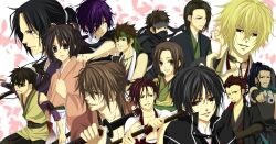  2girls 6+boys amagiri_kyuujyu bad_id bad_pixiv_id black_hair blonde_hair brown_eyes brown_hair chikage_kazama everyone glasses grin gun hakuouki_shinsengumi_kitan handgun harada_sanosuke_(hakuouki) headband highres hijikata_toshizou_(hakuouki) japanese_clothes long_hair multiple_boys multiple_girls nagakura_shinpachi nagumo_kaoru ninja okita_souji_(hakuouki) ponytail purple_hair red_hair saitou_hajime_(hakuouki) sannan_keisuke_(hakuouki) scarf shiranui_kyou short_hair smile sword tan tohikou toudou_heisuke_(hakuouki) weapon yamazaki_susumu_(hakuouki) yukimura_chizuru 