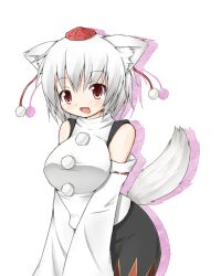  animal_ears bare_shoulders breasts commentary_request detached_sleeves female garasuita hat inubashiri_momiji large_breasts open_mouth red_eyes short_hair simple_background skirt smile solo tail tokin_hat touhou white_hair wolf_ears wolf_tail 