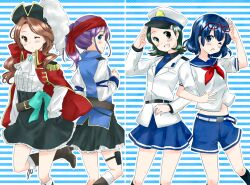  4girls ascot bad_id bad_pixiv_id belt blue_eyes blue_hair brown_hair epaulettes glasses green_eyes green_hair hat inazuma_eleven inazuma_eleven_(series) kino_aki kudou_fuyuka long_hair matsuri_(artist) multiple_girls one_eye_closed open_mouth otonashi_haruna peaked_cap pirate purple_hair raimon_natsumi sailor salute short_hair skirt smile tricorne 