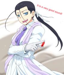  antenna_hair between_fingers black_hair blue_eyes commentary_request female formal fullmetal_alchemist genderswap_(mtf) gloves holding long_hair ntm philosopher&#039;s_stone ponytail rule_63 scarf solf_j._kimblee solo spoilers suit white_gloves white_suit 