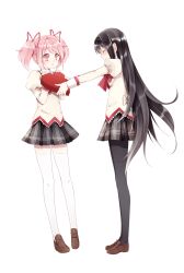  2girls akemi_homura anz_(starry) bad_id bad_pixiv_id black_hair black_pantyhose blush closed_eyes heart highres kaname_madoka long_hair mahou_shoujo_madoka_magica mahou_shoujo_madoka_magica_(anime) mitakihara_school_uniform multiple_girls open_mouth outstretched_hand pantyhose photoshop_(medium) pink_hair ribbon school_uniform short_hair skirt thighhighs valentine white_legwear 