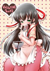  apron black_hair blush bowl chocolate chocolate_making commentary_request female galaxy_angel green_eyes karasuma_chitose long_hair muu_rian photoshop_(medium) ribbon sleeves_rolled_up solo valentine whisk 