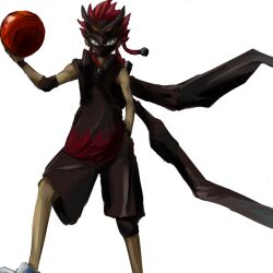  1boy ball basketball basketball_(object) basquash! blue_eyes commentary_request dan_jd dark-skinned_male dark_skin dunk_mask elbow_pads hand_in_pocket kenaph knee_pads male_focus mask red_hair shorts solo spiked_hair white_background 