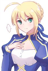  ... artoria_pendragon_(fate) blonde_hair braid braided_bun cleavage_cutout clothing_cutout commentary dinikee dress fate/stay_night fate_(series) female green_eyes hair_bun hair_ribbon photoshop_(medium) ribbon saber_(fate) single_hair_bun solo symbol-only_commentary 