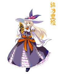  adapted_costume ascot blonde_hair commentary_request dress female folding_fan full_body hand_fan hat highres holding long_hair orange_eyes pfalz smile solo touhou transparent_background watatsuki_no_toyohime 