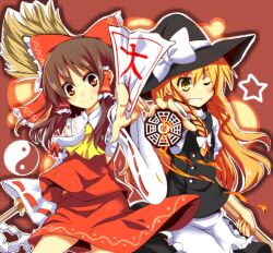  2girls ascot blonde_hair bow brown_eyes brown_hair commentary_request detached_sleeves hair_tubes hairbow hakurei_reimu hat kirisame_marisa long_hair multiple_girls one_eye_closed photoshop_(medium) shiro9jira smile touhou witch_hat yellow_eyes 