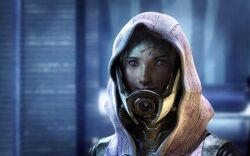  alien blue_sclera colored_sclera female helmet hood mask mass_effect_(series) mass_effect_2 photoshop_(medium) portrait quarian realistic solo spoilers tali&#039;zorah 