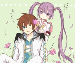  1boy alternate_costume asbel_lhant blue_eyes brown_hair coat commentary_request female flower hair_flower hair_ornament long_hair namo_(7-30-7) official_alternate_costume one_eye_closed open_mouth partial_commentary pink_flower purple_eyes purple_hair sitting smile sophie_(tales) sophie_(toast_of_the_town)_(tales) tales_of_(series) tales_of_graces translated twintails white_coat wince 