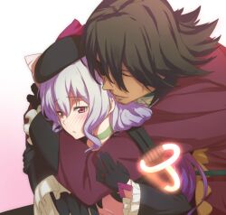  1boy aquarion_(series) aquarion_evol beret blush brown_hair closed_eyes commentary_request crea_dorosera eyepatch facial_hair female fudou_zen gloves glowing hat hug hug_from_behind kanna_asuke purple_hair red_eyes stubble 