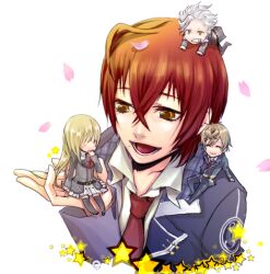  3boys aozora_hayato bad_id bad_pixiv_id belt blush brown_hair closed_eyes female kurosawa_tomo long_hair lowres multiple_boys nanami_kanata petals photoshop_(medium) red_hair school_uniform seigetsu_academy_school_uniform simple_background star_(symbol) starry_sky_(game) thighhighs tomoe_you white_background white_hair yahisa_tsukiko yellow_eyes 