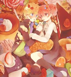  1boy bad_id bad_pixiv_id black_socks blonde_hair blue_eyes blush cake couple dress eating female food fruit gyoe inu_x_boku_ss kneehighs lying open_mouth photoshop_(medium) pink_eyes pink_hair roromiya_karuta school_uniform socks straight strawberry twintails watanuki_banri 