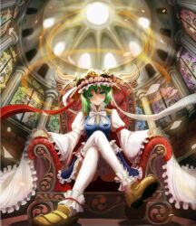  armchair bad_id bad_pixiv_id blue_eyes bow chair column crossed_legs dome dress female frilled_dress frilled_sleeves frills from_below green_hair grin hat head_tilt indoors legs loafers looking_at_viewer mitsudomoe_(shape) parted_lips photoshop_(medium) pillar red_ribbon ribbon room shiki_eiki shoes short_hair sitting skirt skylight skylight_(architecture) smile solo sunlight thighhighs throne tomoe_(symbol) touhou urabe_michiru white_bow white_ribbon white_thighhighs wide_sleeves 