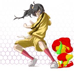  absurdres ahoge araragi_karen asymmetrical_hair black_hair blue_eyes commentary_request egg_(food) egg_hair_ornament female food food-themed_hair_ornament fried_egg hair_ornament highres monogatari_(series) nisemonogatari open_mouth shao_(newton) side_ponytail sleeves_pushed_up solo 