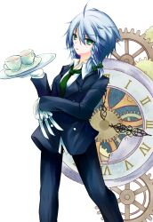  alternate_costume bad_id bad_pixiv_id braid butler clock cup female female_butler formal gears gloves green_eyes grey_hair hair_ribbon izayoi_sakuya knife necktie pant_suit pants plate ribbon saucer short_hair solo suit teacup touhou tray twin_braids yuuhagi_(amaretto-no-natsu) 