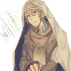  1boy bad_id bad_pixiv_id blanket blonde_hair hatoful_kareshi jacket male_focus nanaki_kazuaki personification scarf sitting solo yellow_eyes yuzumisuzu 