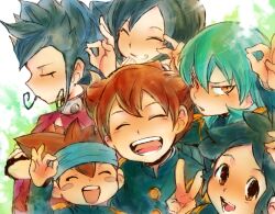  5boys bad_id bad_pixiv_id blue_hair brown_hair closed_eyes confetti female friends green_hair ieiieiiei inazuma_eleven_(series) inazuma_eleven_go kageyama_hikaru kariya_masaki matsukaze_tenma multiple_boys nishizono_shinsuke open_mouth short_hair smile sorano_aoi tsurugi_kyousuke v 