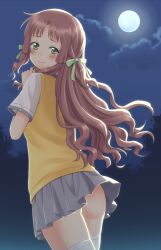  ano_natsu_de_matteru ass blush brown_hair cloud commentary_request female full_moon green_eyes hair_ribbon kitahara_mio kuro_(chrono) long_hair looking_back moon night no_panties ribbon school_uniform shirt skirt sky solo sweater_vest tears thighhighs upskirt vest wavy_mouth white_thighhighs 