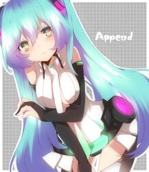  aqua_hair bad_id bad_nicoseiga_id belt blush breast_hold breasts bridal_gauntlets elbow_gloves female fingerless_gloves gloves green_eyes hatsune_miku hatsune_miku_(append) highres long_hair looking_at_viewer mikumikudance necktie solo tda_model_(mikumikudance) tori_no_karaage twintails very_long_hair vocaloid vocaloid_append 