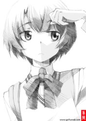  ano_natsu_de_matteru bow bowtie commentary_request female frown gofu greyscale looking_away monochrome school_uniform short_hair solo spot_color tanigawa_kanna traditional_media 