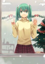  bad_id bad_pixiv_id christmas christmas_tree condensation expressionless female glass_writing green_eyes green_hair hands_up hatsune_miku index_finger_raised long_hair merry_christmas parted_lips photoshop_(medium) plaid plaid_skirt skirt snow solo sweater twintails vocaloid window xiangtu 