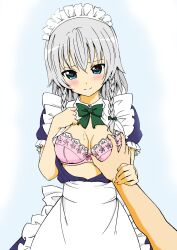  1boy absurdres bad_id bad_pixiv_id blue_eyes blush bra braid breasts female grabbing grabbing_another&#039;s_breast grey_hair guided_breast_grab guiding_hand highres izayoi_sakuya lingerie medium_breasts natsupa pink_bra pov pov_hands solo_focus straight touhou twin_braids underwear 